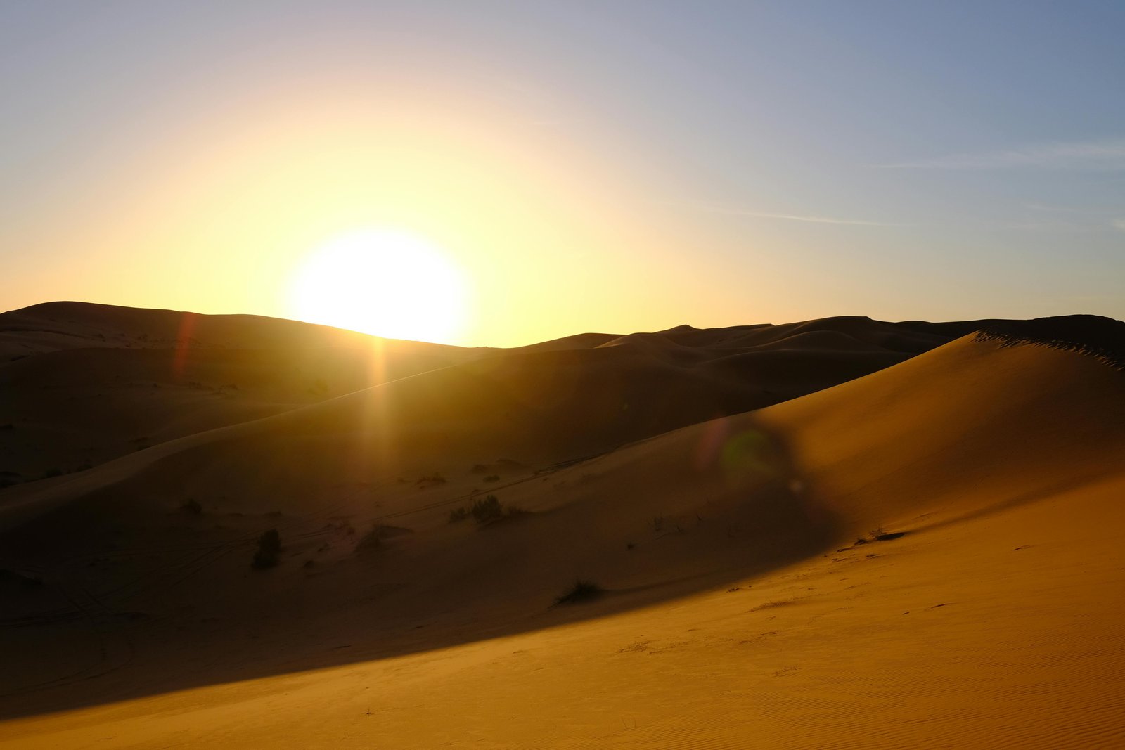 Endless desert dunes stretching to the horizon under a vast sky
